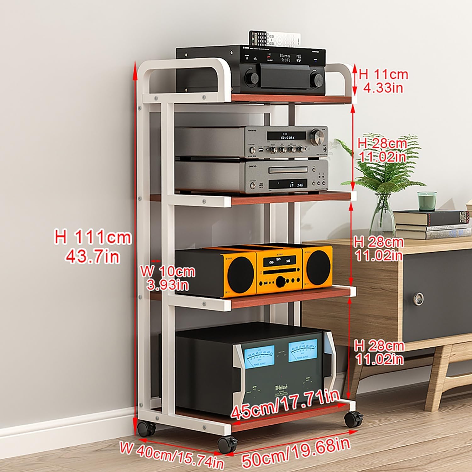 Floor-Standing Audio Rack Speaker Display Stand Stereo Racks and Stands with Storage Shelves Media Stand with Universal Wheels Easy to Assemble for Living Gaming Recording Room.(Walnut