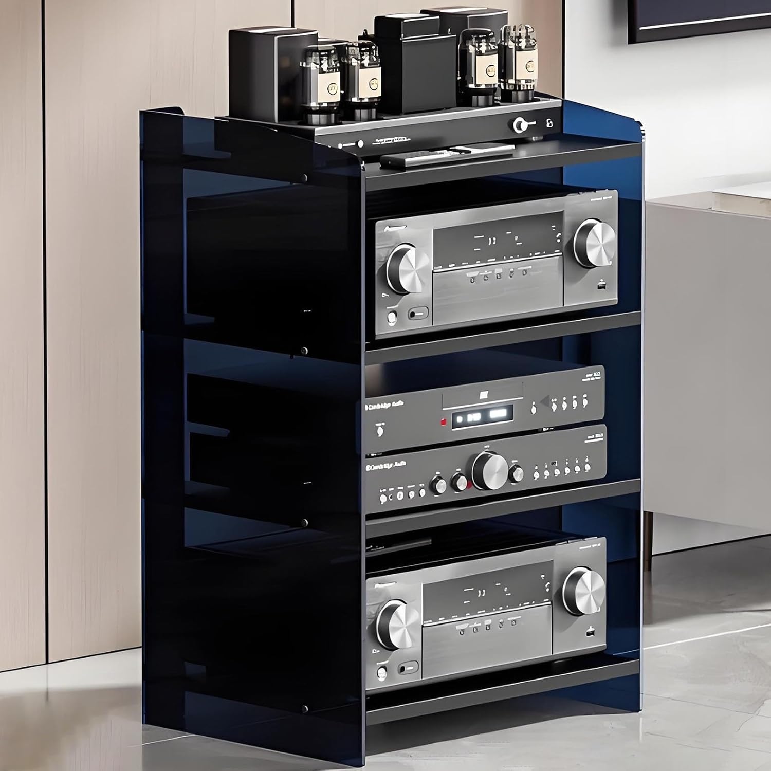 FLDYGMLU Modern Stereo Cabinet for Media Storage - Adjustable Audio Rack Stand Tower with Acrylic Baffle