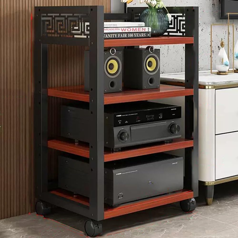 NILZA Stereo Cabinet AV Component Media Stand Multi-Tier Audio Rack Rolling Audio Tower Floor-Standing Audio Cabinet CD Player Stand Adjustable Corner Shelf HiFi Rack(Teak