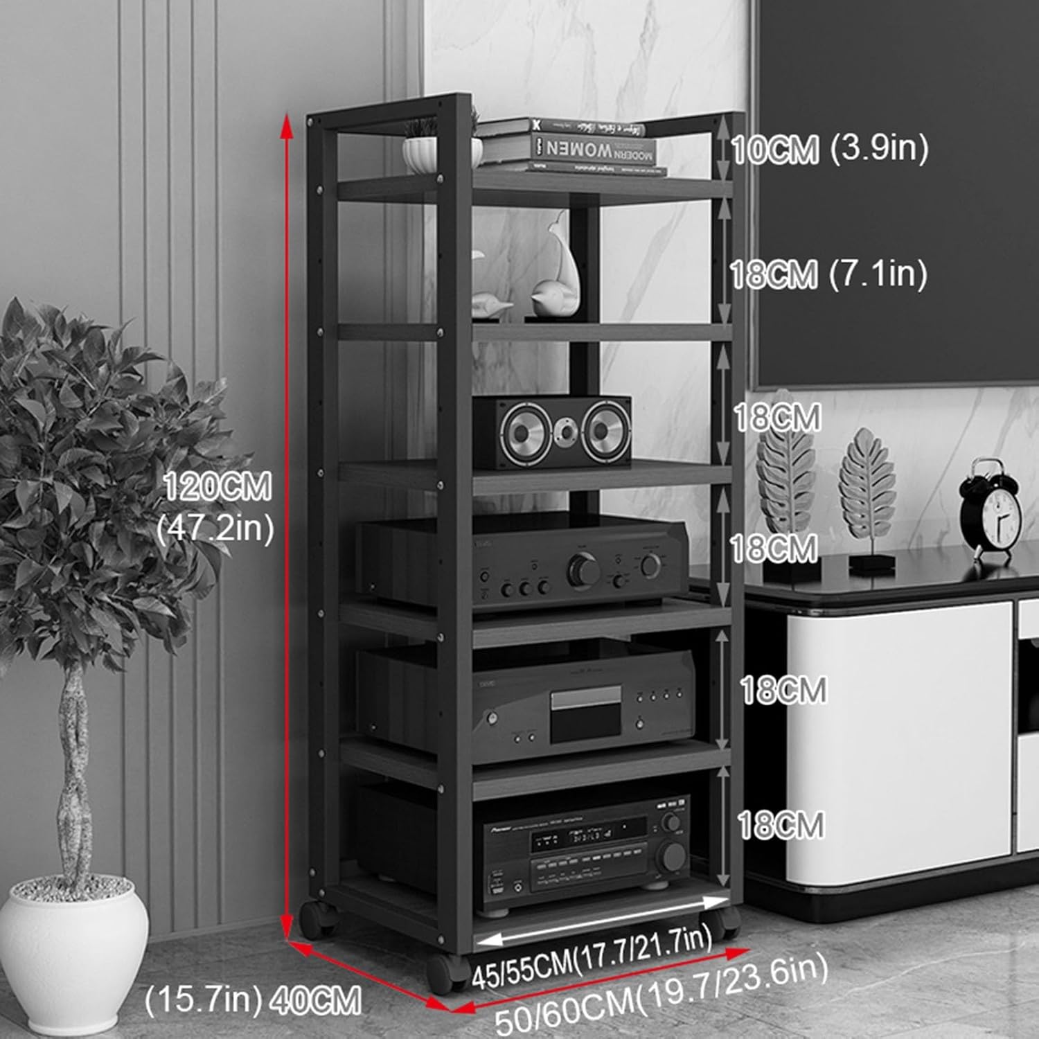 AV Media Stand Audio Rack CD Player Stand Stereo Component Storage Cabinet with Height Adjustable Wooden Shelf for Home/Office/Theater