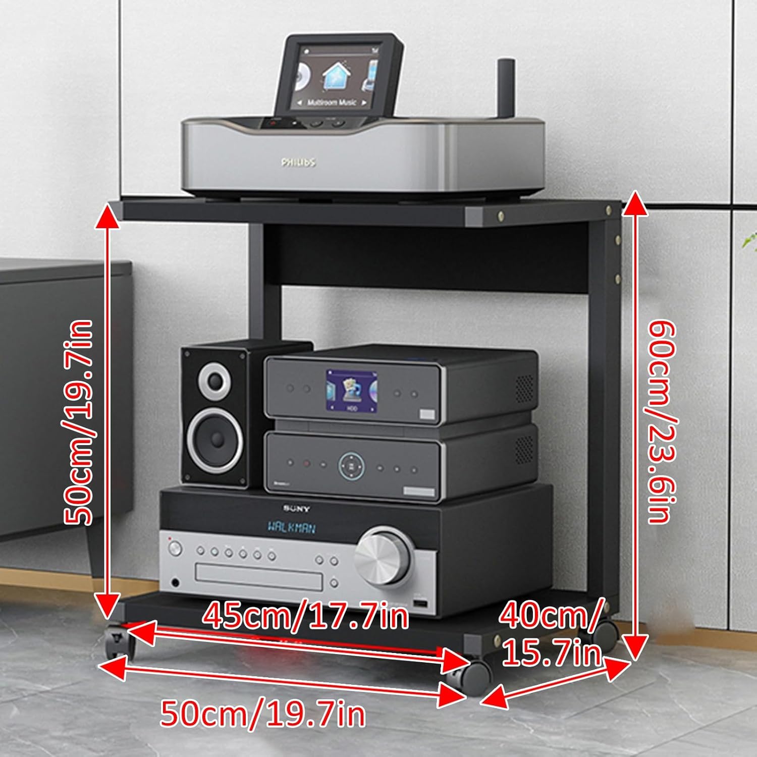 Modern with Wheels Audio-Video Media Stand 2-Tier AV Media Stand Corner Shelf Media Console Cabinet with Height Adjustable Wooden Shelves Stereo Racks and Stands with Storage Shelves(Deep black