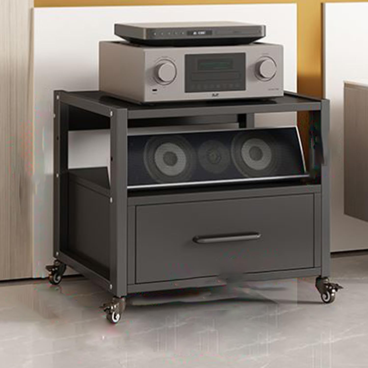 Movable Corner Audio Rack Stereo Rack with Drawer Media Stand with Universal Wheels 3/4/5 Tier Floor-Standing Audio Rack AV Media Stand Corner Shelf for Meeting Living Recording Room.(Black