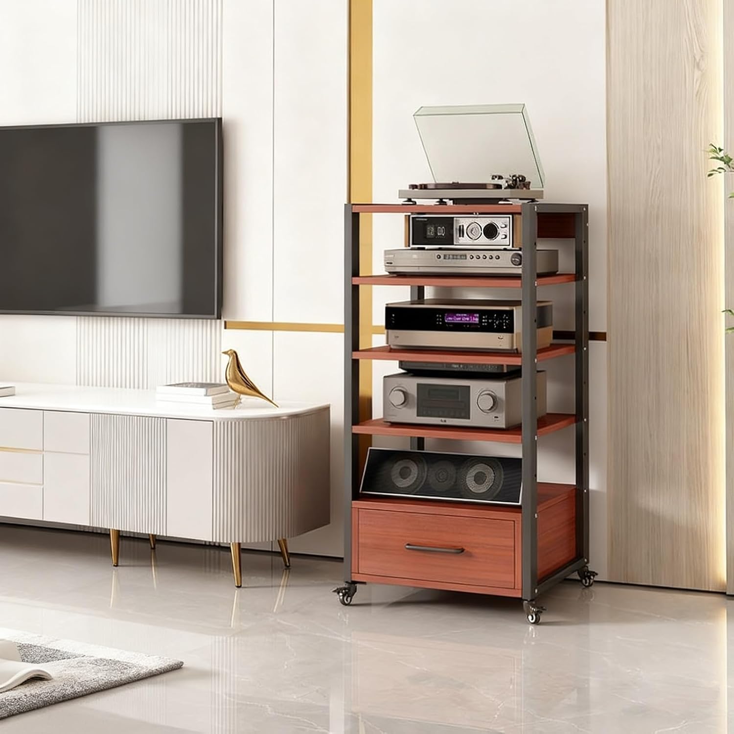 ZUGIATP 3/4/5Tier Audio Rack Audio Rack AV Media Stand for Entertainment Stereo Racks Component Storage and Collection Display(Teak Color