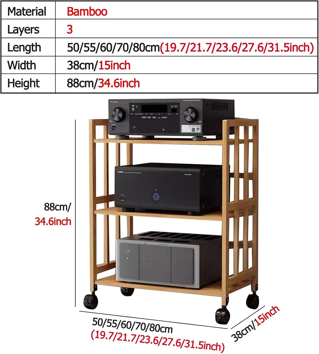 YXXSDP Mobile Bamboo Audio Rack Cabinet Stereo Component Stand on Wheels