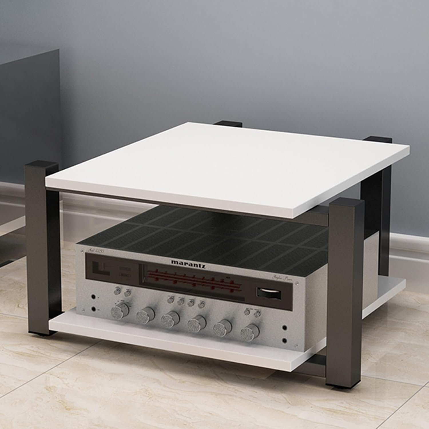 POWRZZZY Heavy Duty Audio Component Rack Movable 2-Tier Home Stereo with Adjustable Shelf and Drawers Entertainment Stereo Stand Media Tower for Your Home Entertainment System(Light White