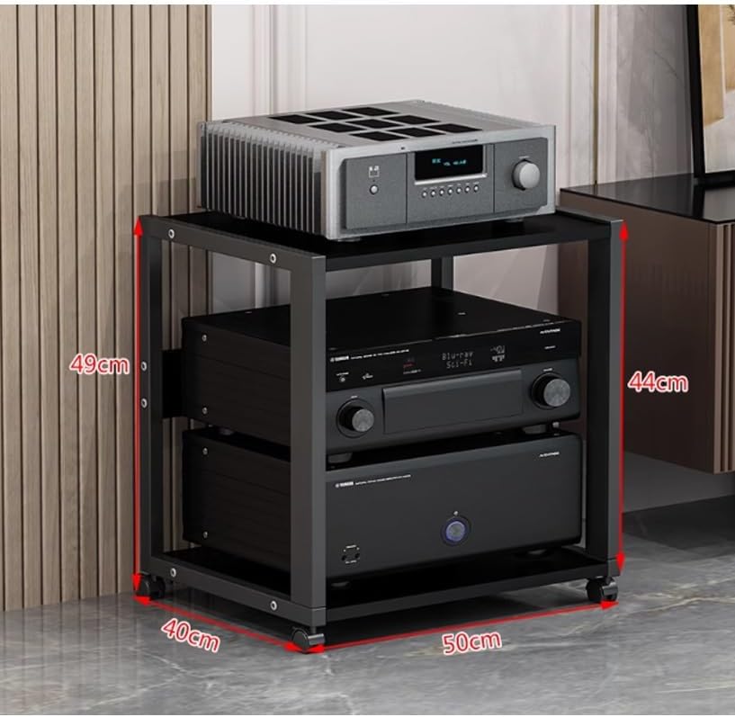 Modern Audio Video Media Stand with Wheels - Versatile Floor-Standing Cabinet for Home Theater & Office Entertainment - Open Storage Rack for Stereo System (Black