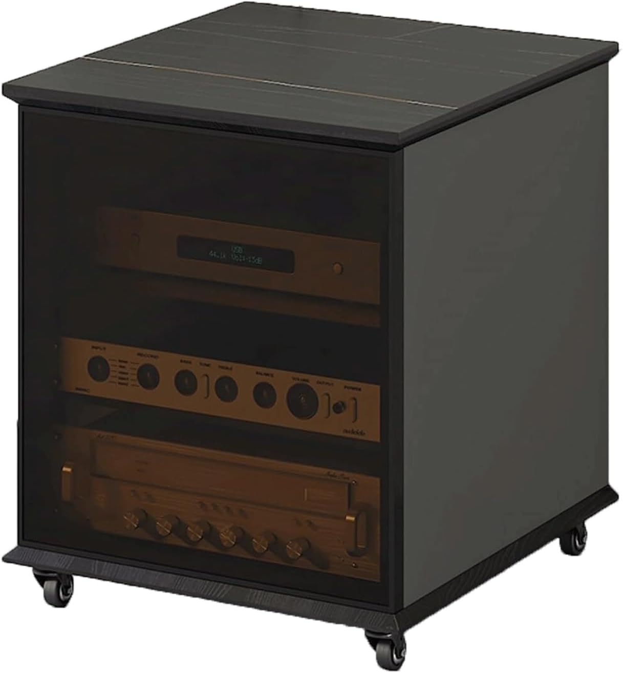 PZEOB Audio Rack Solid Wood Media Storage Cabinet Rock Slab Top Audio-Video Shelving Glass Door Stereo Stands Adjustable Shelves and Wheels(55x58x99.2cm)