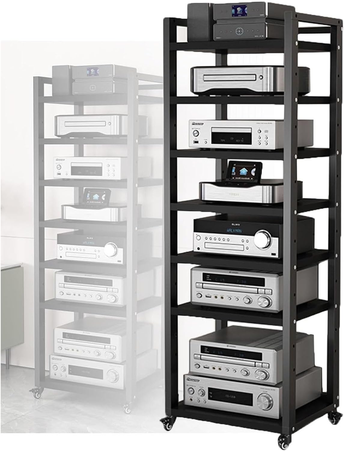 Movable 7 Shelves Audio Video Media Stand Cabinet with Height Adjustable Wooden Shelf Modern AV Cabinet
