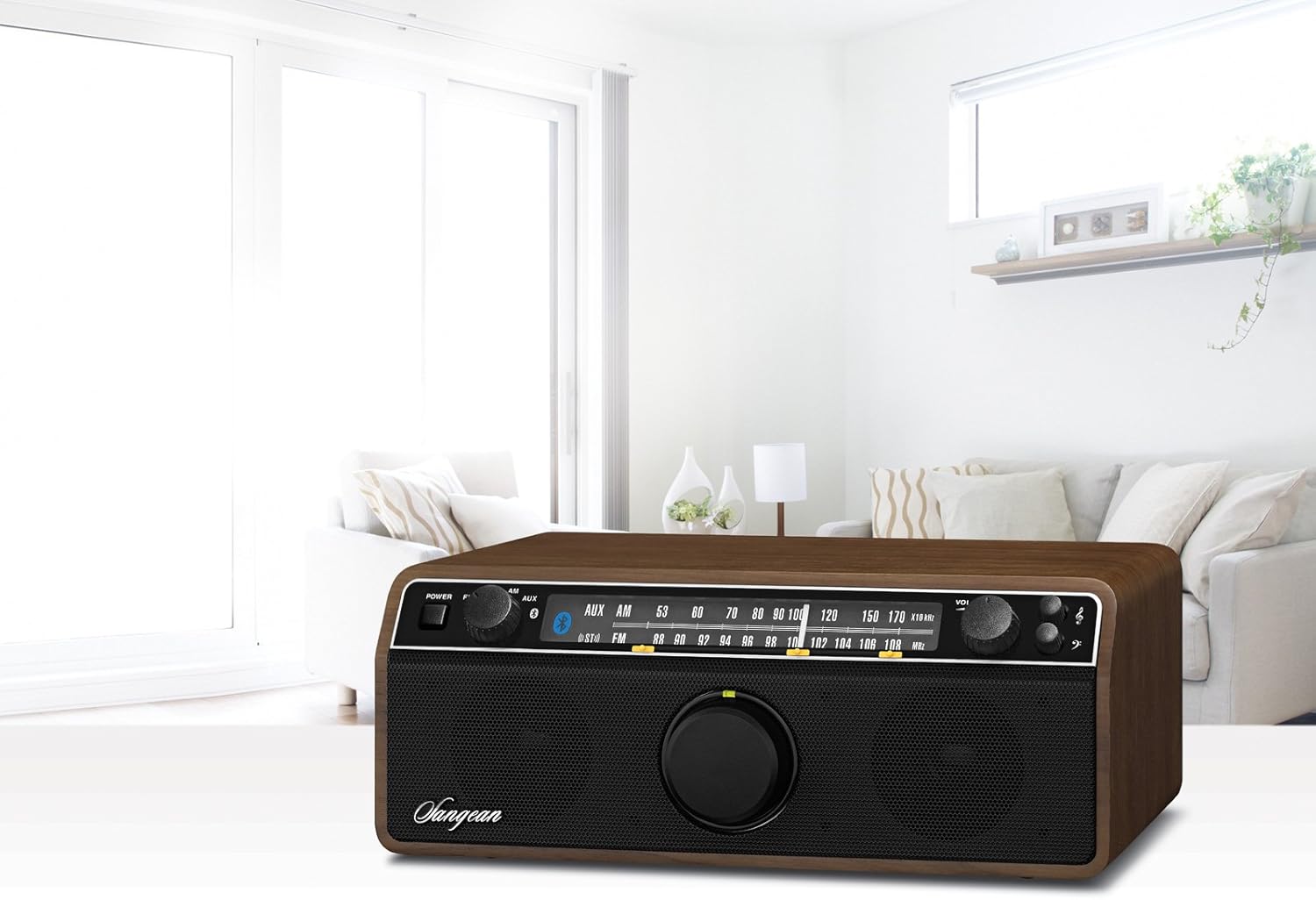 Sangean WR-12BT AM/FM/Bluetooth/AUX-In Stereo Analog Wooden Cabinet Radio (Dark Walnut)