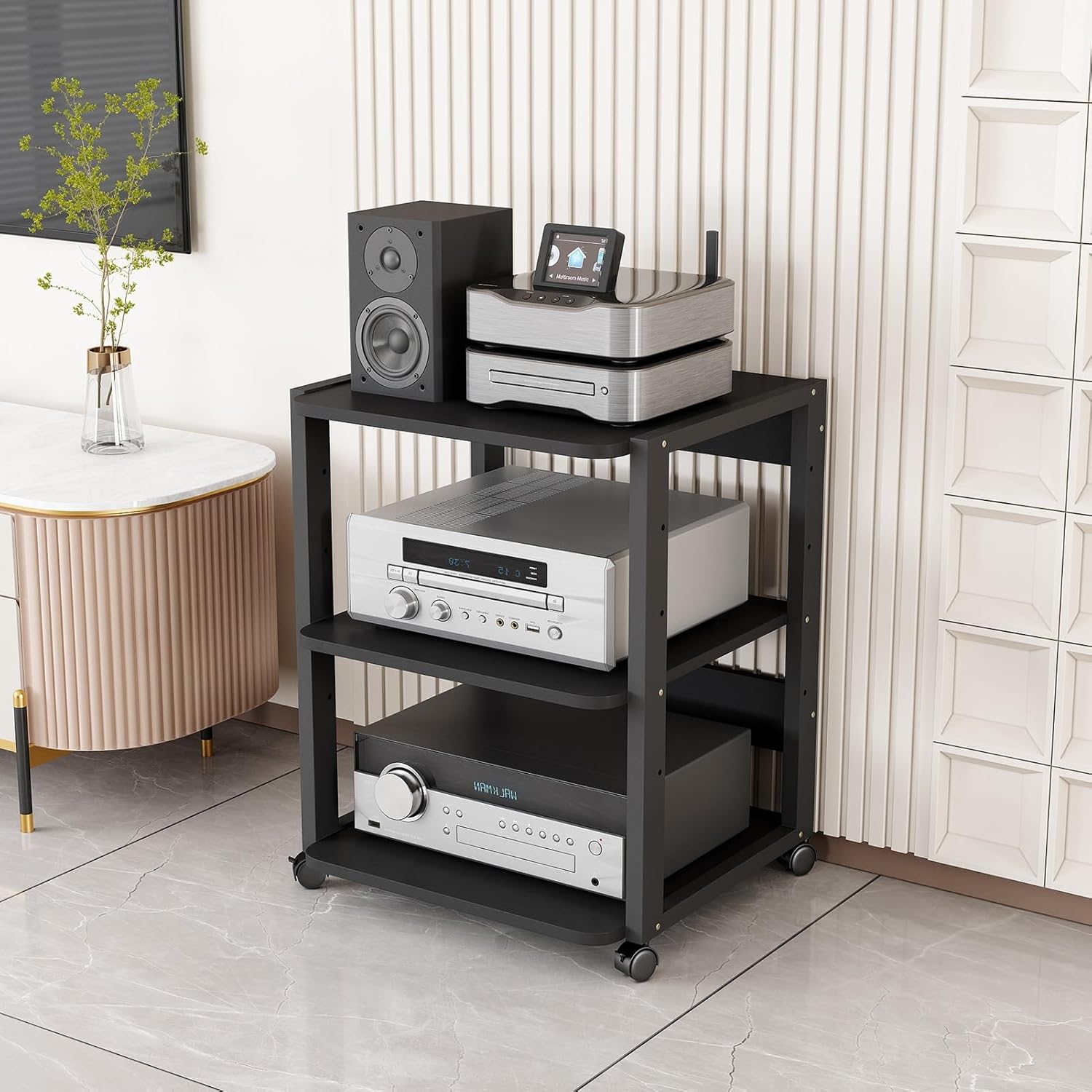 3/4-Tier Movable Media Stand with Height Adjustable Wooden Shelf