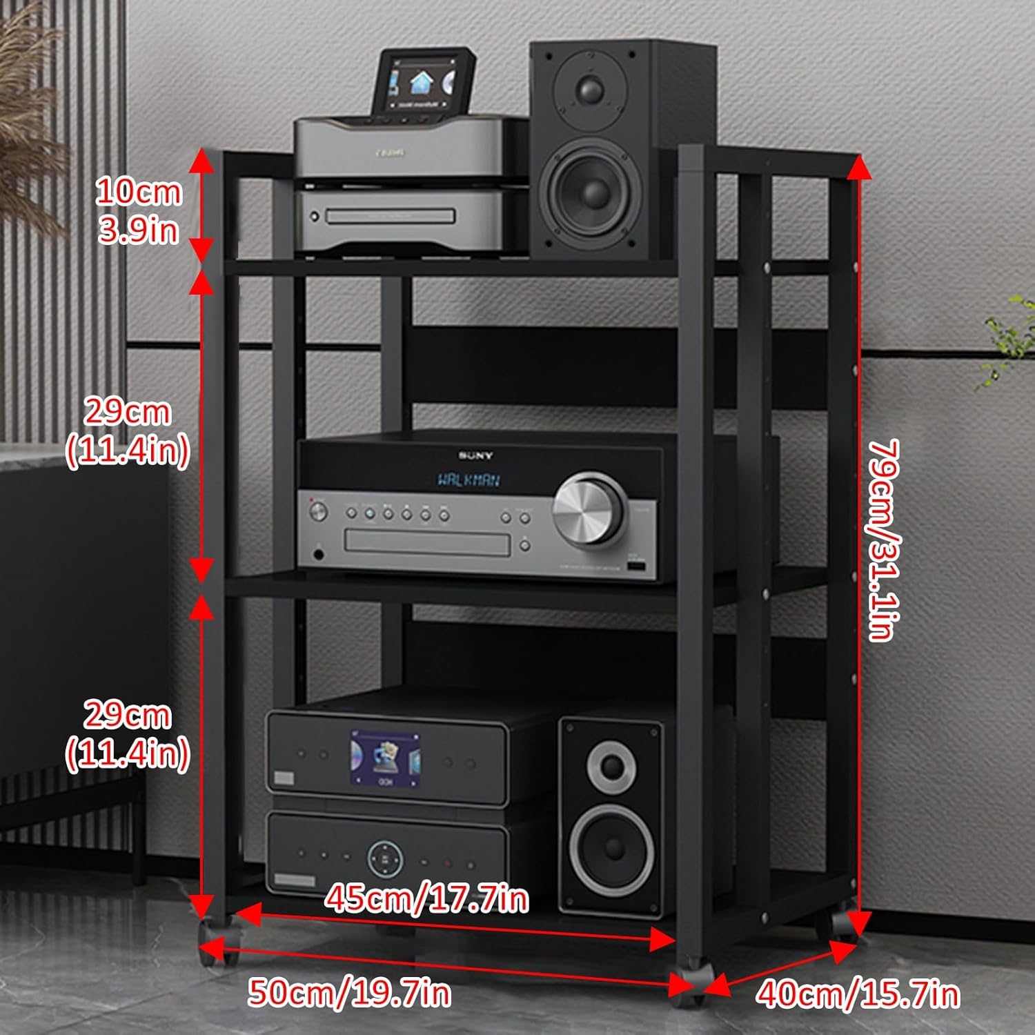 Media Storage Cabinet Stereo Cabinet Small Media Console 4-Tier AV Media Stand Corner Shelf Stereo Audio Rack Stand Tower Corner TV Entertainment Center for Living Gaming Recording Room(50x40x79cm/19.