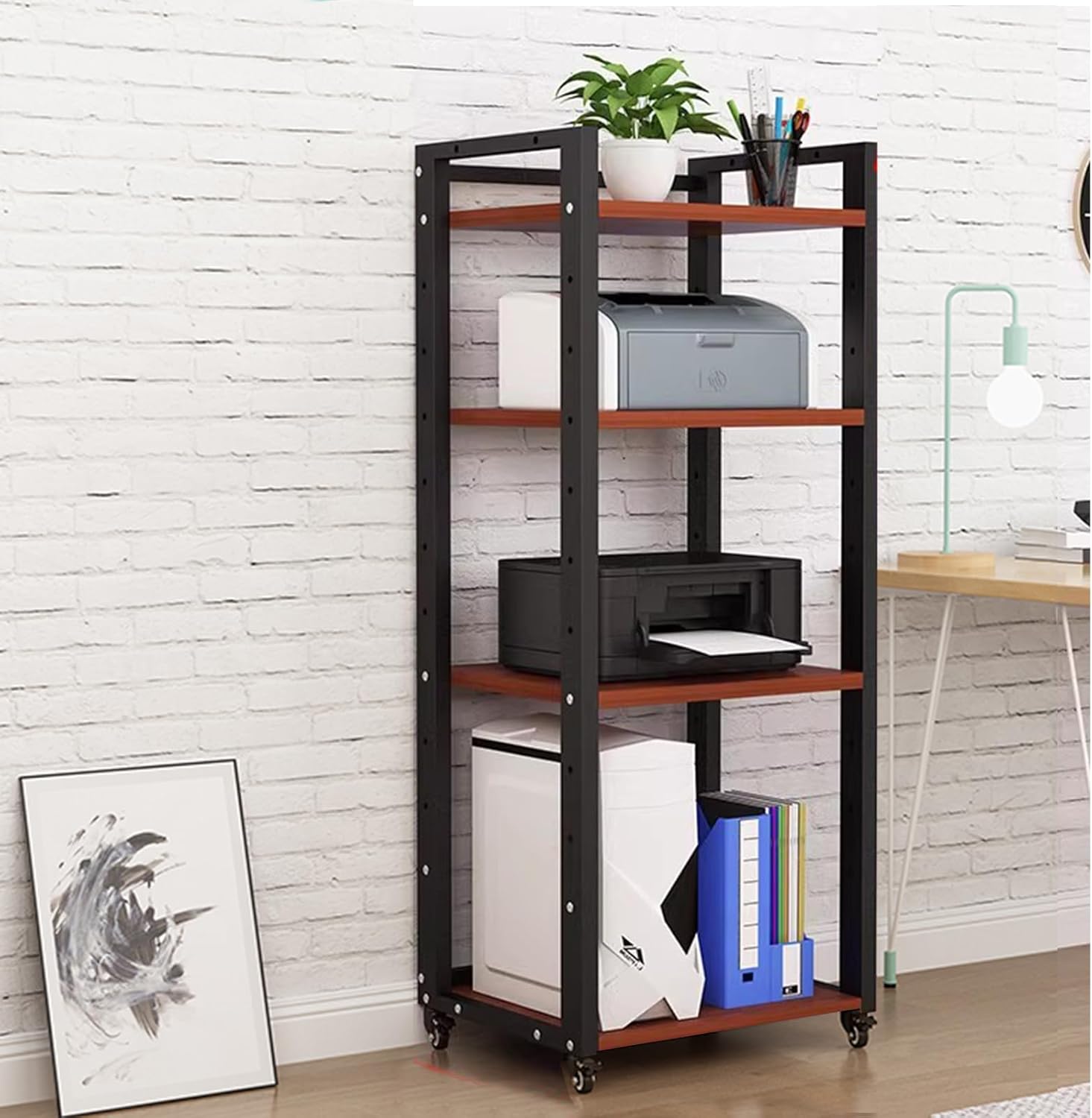 JIXDILO 4-Tier AV Media Stand with Wheels Adjustable Height Wooden Shelves Stereo Component Cabinet Storage Rack Audio Rack Tower for DVD Players Game Console TV Box(4-Tier