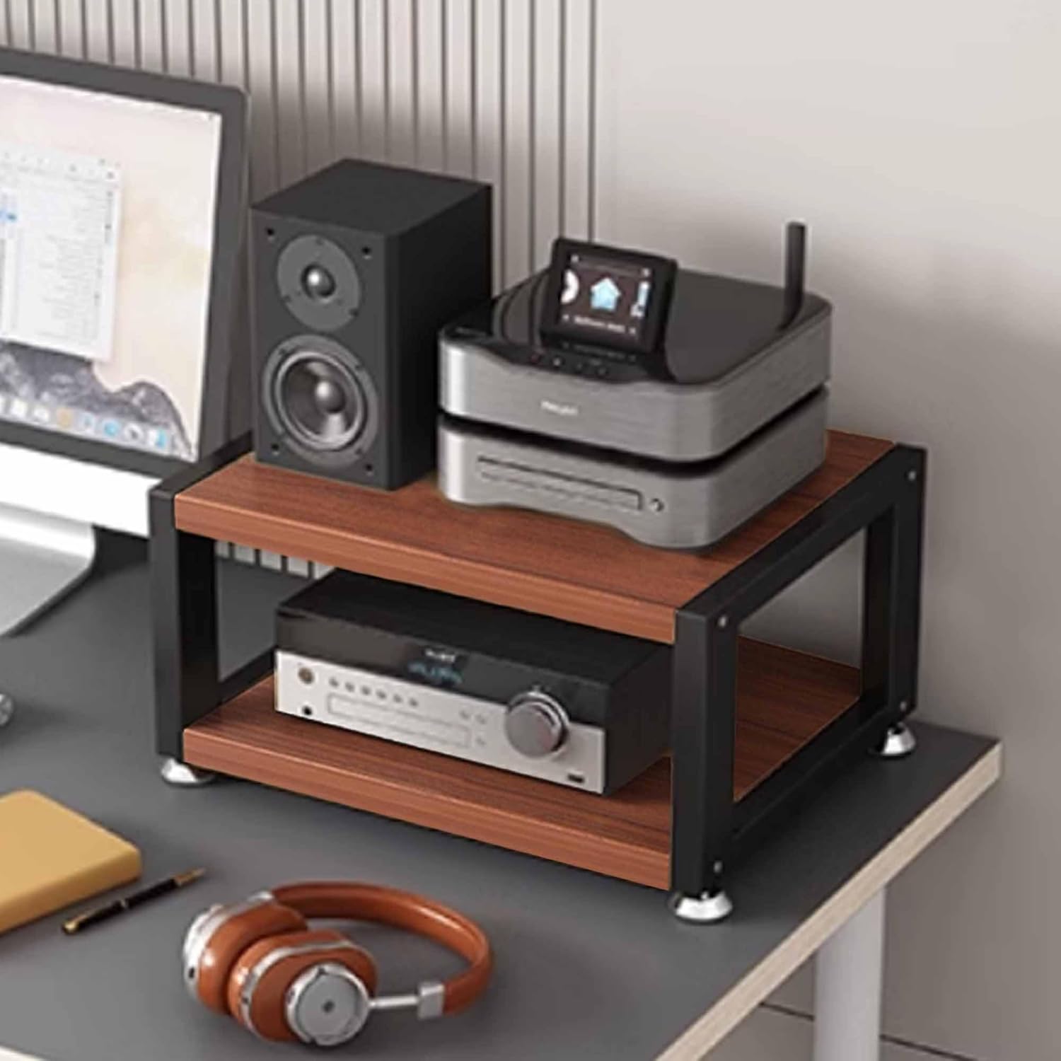 Multi-Functional Audio Rack - Stereo Shelving Cabinet with Wooden Storage Shelves & Steel Frame for Home Office