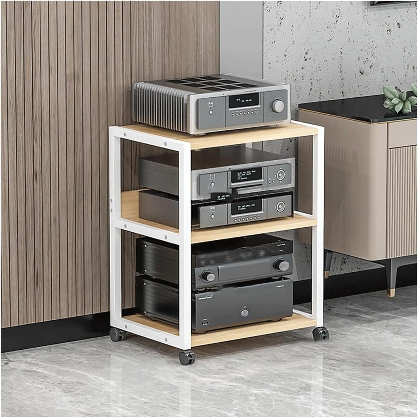 XMFBSY Medios 3/4 Tier Audio Video Media Stand with Wheels Movable HiFi Audio Rack Tower Wooden Record Player Stand Stereo Cabinet for Home Office Organizer(White