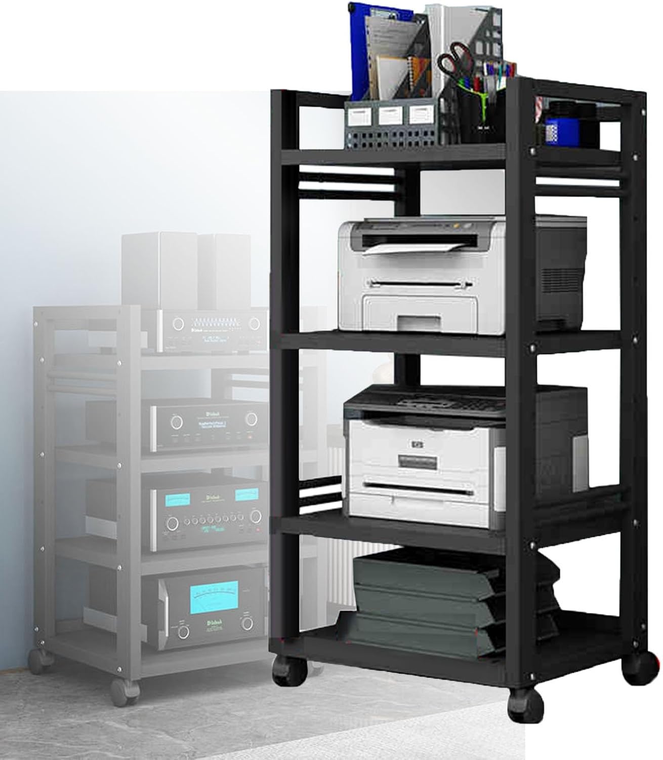 YLQFGUVWK 4-Layer Removable Media Stand Audio/Video Stand CD Player Stand Stereo Component Storage Cabinet with Height Adjustable Wooden Shelf for Home/Office/Theater(Black)