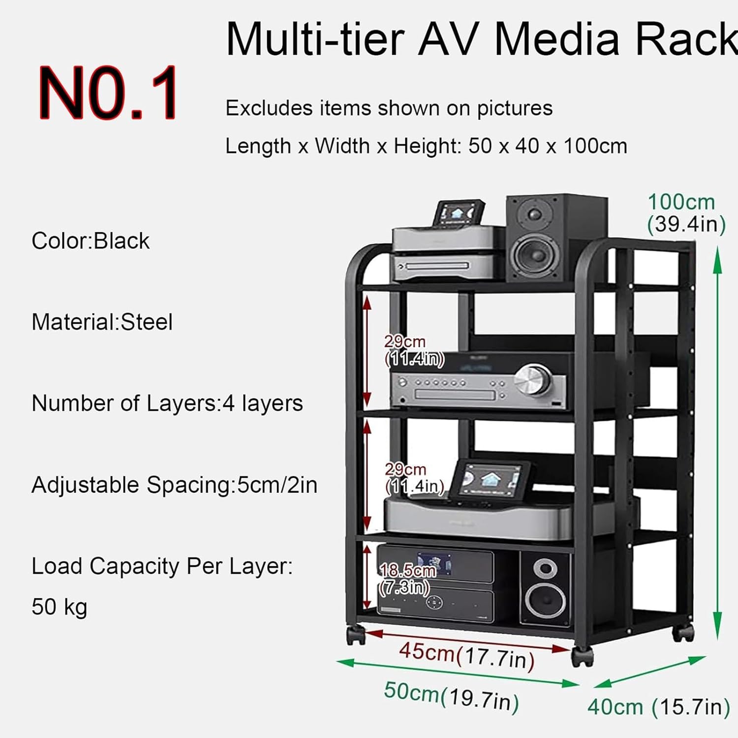 Media Stand Audio Rack Cabinet Drawer Divider On Wheels - Metal Media Shelf with Height-Adjustable Holder - Open Audio/Video Component Cabinet Floor