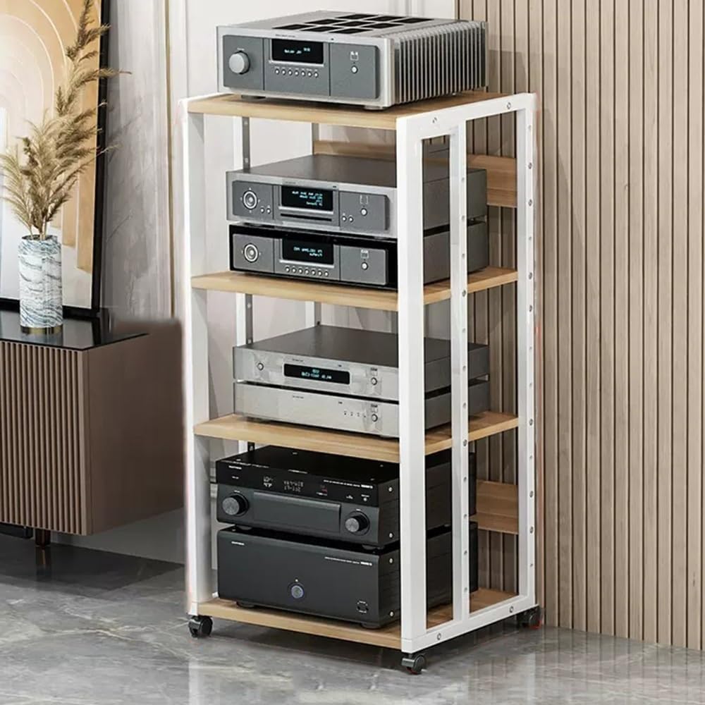 GSKDZG AV Media Stand 3 4 5 Tier Audio Rack Height Adjustable Stereo Rack Movable Media Storage Cabinet Open Component Cabinet with Wheels(White