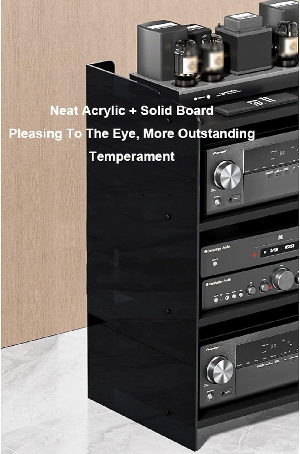 XMFBSY Medios Acrylic Audio Rack Tower HiFi AV Media Stand with Adjustable Shelves Modern Record Player Console Rack Audio-Visual Shelving Stereo Cabinet for Home Organizer(Black