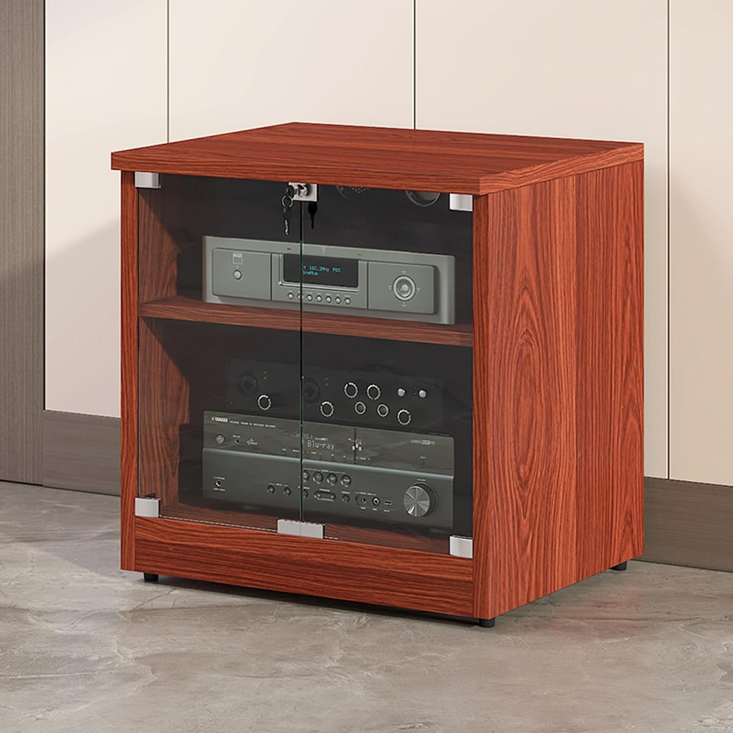 Diodceraic AV Media Stand Media Cabinet Stereo Cabinet Tempered Glass Doors and Cable Management with Adjustable Shelves