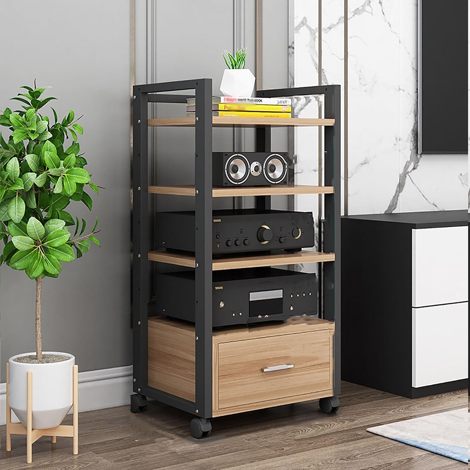 WUHUQN Media Stand Audio Rack with Drawer Amplifier Stand HiFi AV Cabinet Mobile Kickstand CD Rack Media Storage Shelf