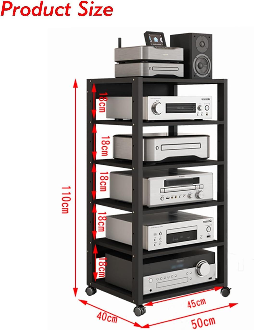 YLQFGUVWK 6 Tier Furniture Media Rack DVD CD Player Stand Audio Rack Power Amplifier Equipment Cabinet With Height Adjustable Wood Shelf Floor Standing Storage Rack 50x40x110 Cm