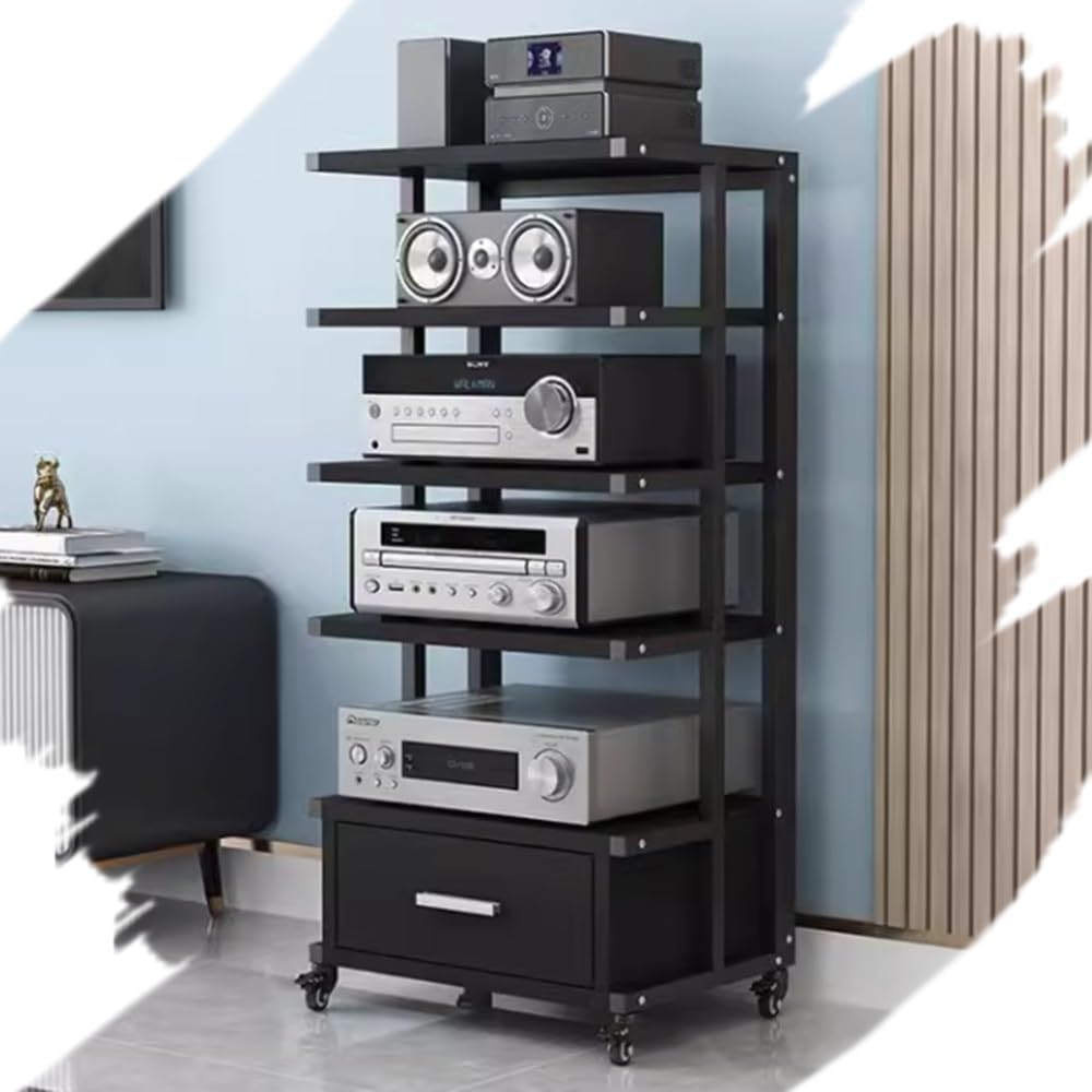 NILZA Audio Rack Media Cabinet 3/4/5-tier Stereo Stand Wooden Stereo Cabinet AV Rack with Drawer Audio/Video/Media Stand Corner Shelf Stereo Components Cabinet(Black