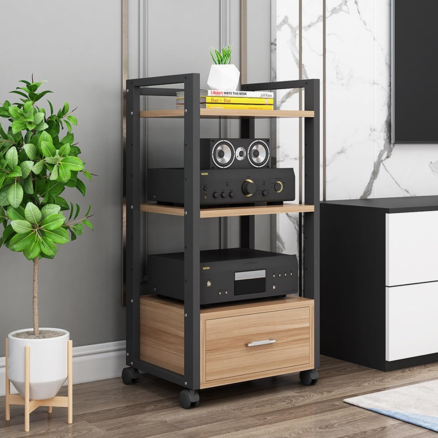 UYCVT Movable Media Stand Multifunction 3/4-Tier Movable Storage Cabinet DVD Cd Player Stand Stereo Rack Audio Video Component Media Stand and Drawer-A-3 Tier-60X40X100CM