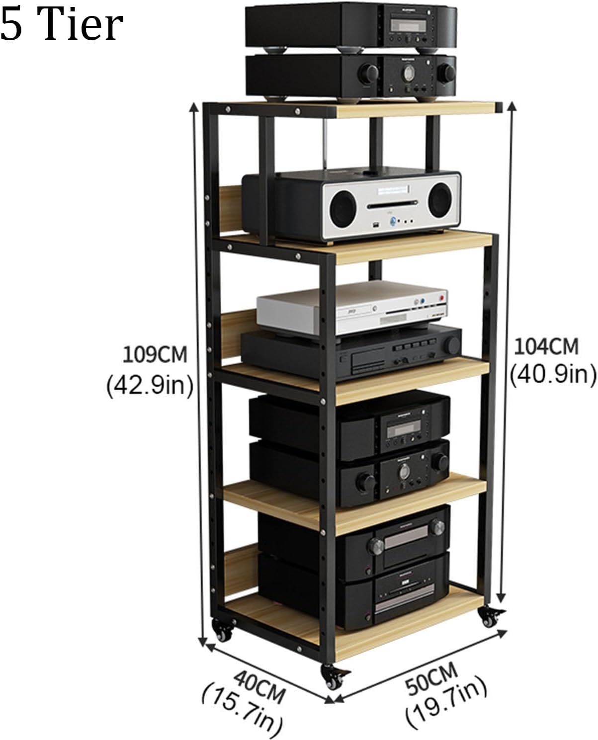 5-Tier Modern AV Media Stand Audio Rack Tower CD Player Stand Stereo Component Storage Cabinet with Height Adjustable Wooden Shelf for Home/Office/Theater