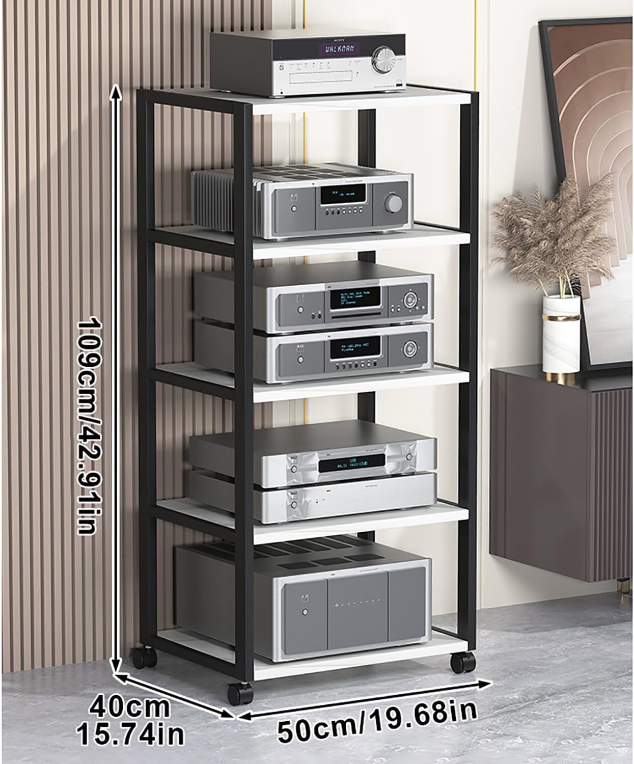 Audio Rack Stand Tower Modern Audio-Video Media Stand Movable Corner TV Stand with Storage Shelves Floor-Standing Audio Rack for Living Gaming Recording Room Office Bedroom.(White