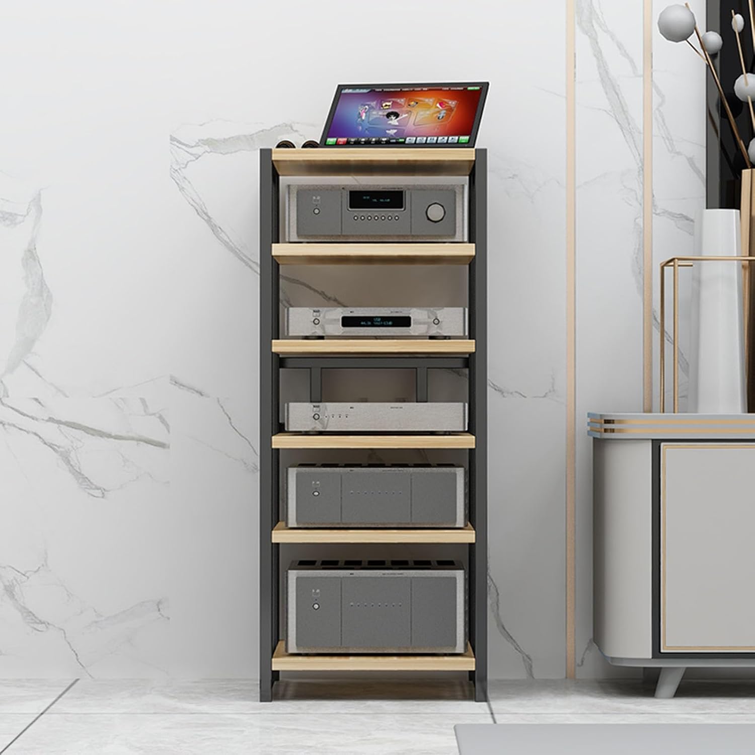 3/4/5/6 Tier Furniture Media Stand Audio Rack DVD CD Player Stand Power Amplifier Equipment Cabinet with Height Adjustable Wooden Shelf