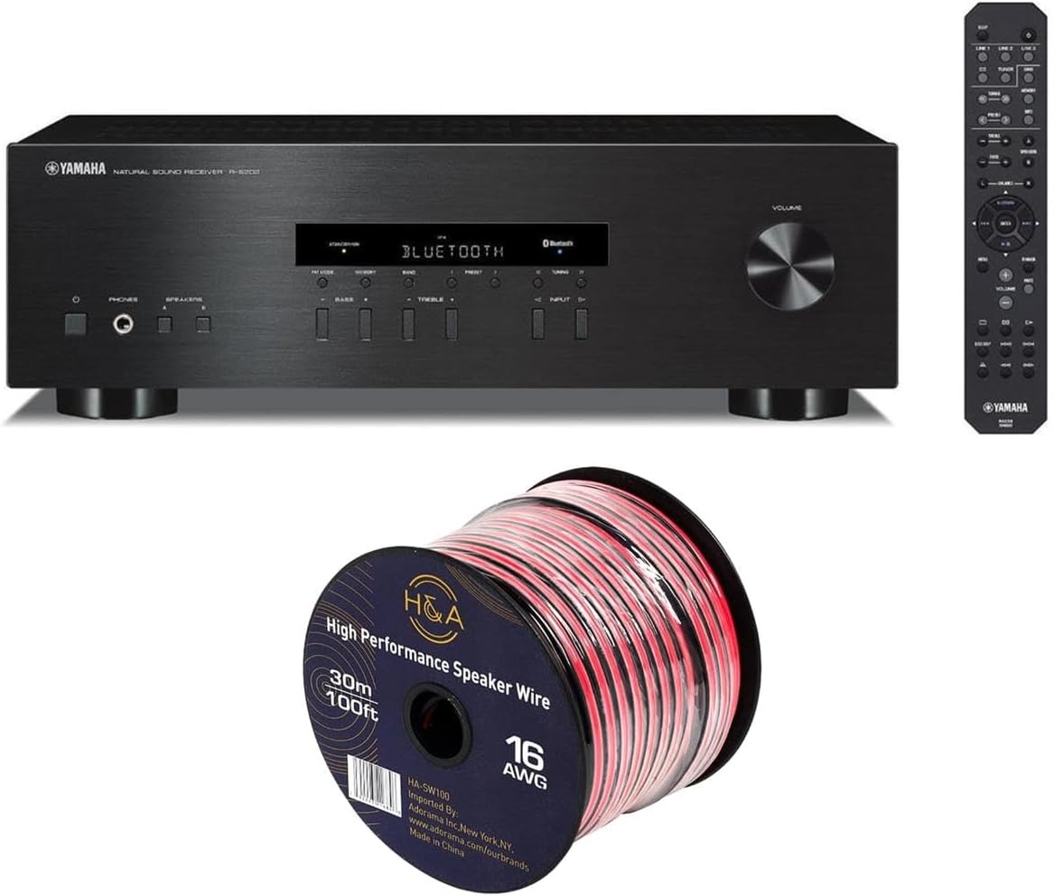YAMAHA R-S202BL Stereo Receiver with Bluetooth + H&A 16 AWG Speaker Wire Cable (100' Spool)