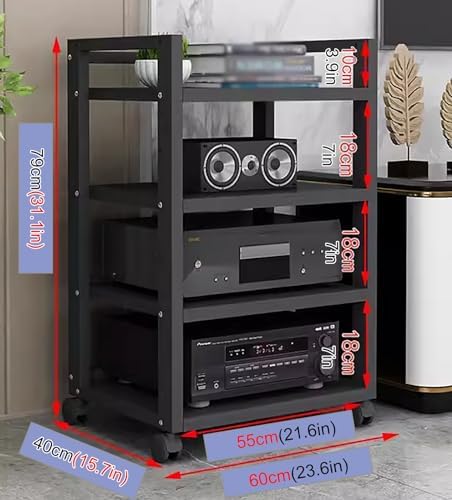 UYCVT Media Storage Cabinet On Wheels with Adjustable 4-Tier Wooden Shelves Floor-Standing Audio Video Organizer for Stereos Black-4 tier-60cm Wide