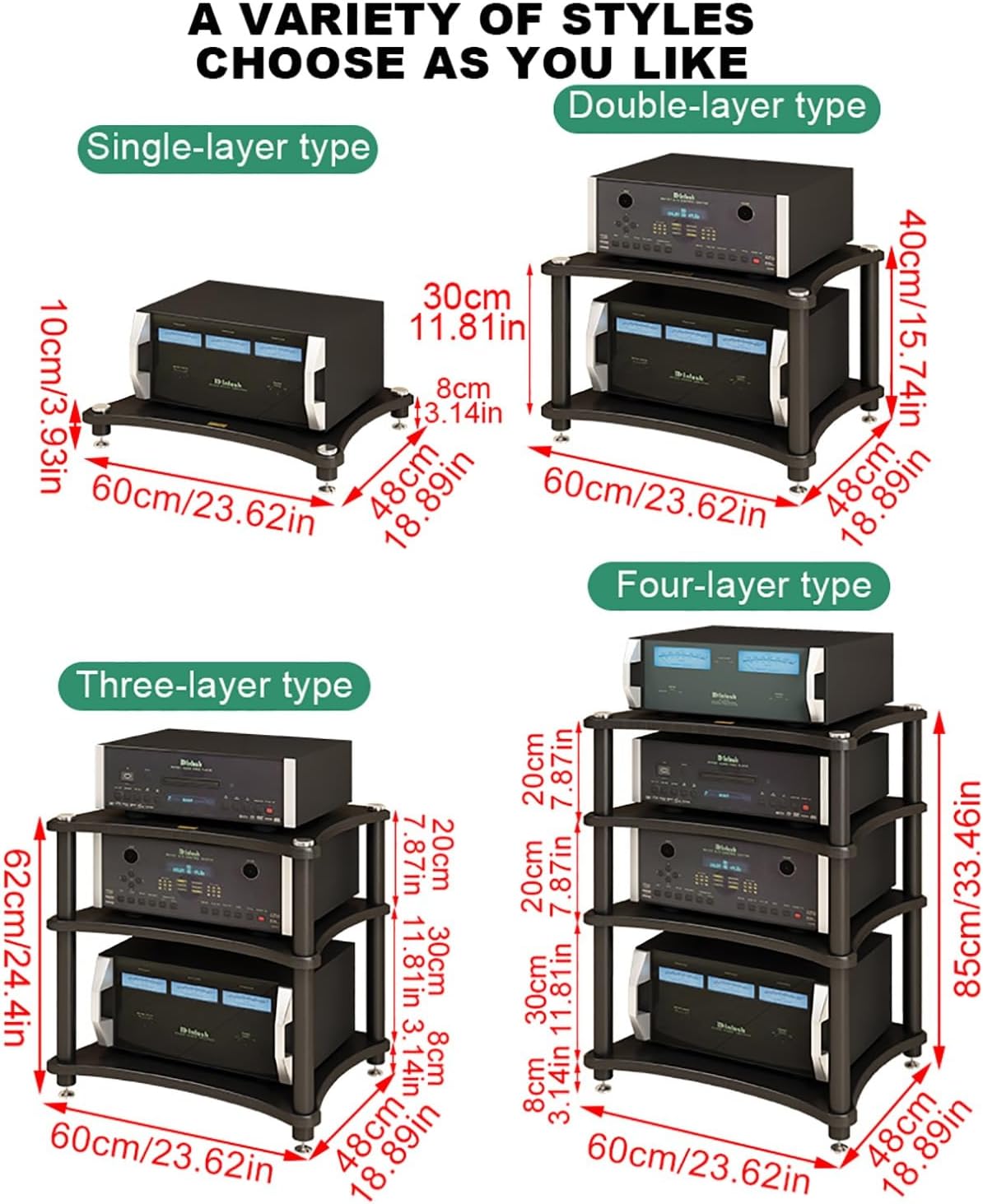 Floor-Standing Gaming Audio Rack - Space-Saving Media Stand with Shelves for Home Theater & Recording - Easy Assembly Black Audio-Video Storage (60x48x10cm)