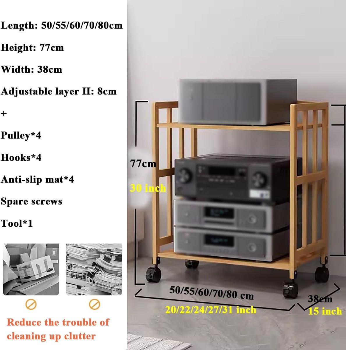 UYCVT Tier Media Component Storage Unit Shelves Movable Audio Video Tower with DVD Cd Record Player Stand Stereo Equipment Cabinet and Turntable Holder for Living Room Or Offic-W-60cm-2 Tier-B
