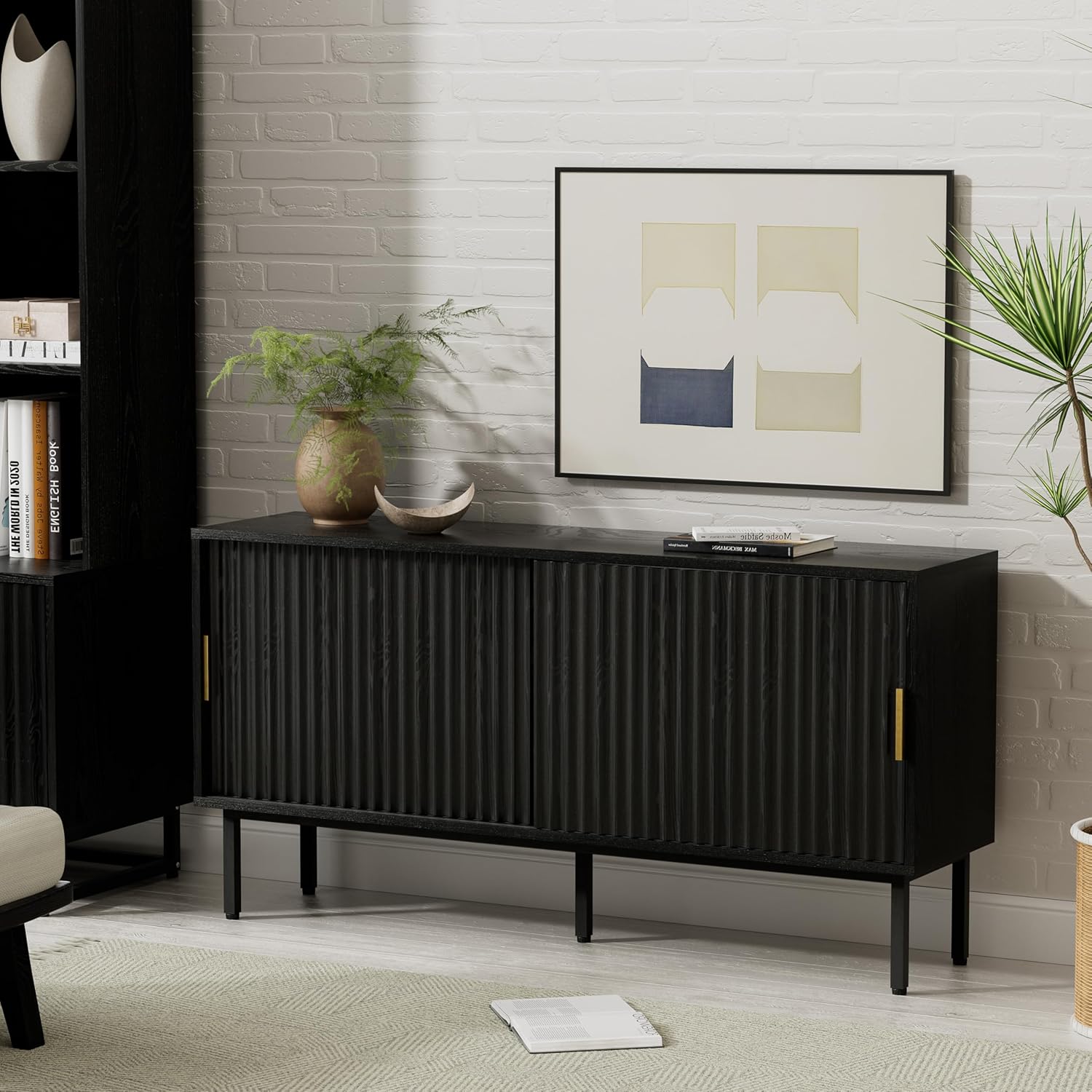 MoomJiee TV Stand for Living Room Farmhouse Entertainment Center with Fluted Sliding Doors TV Console Cabinet with Adjustable Shelf and Storage Media Console