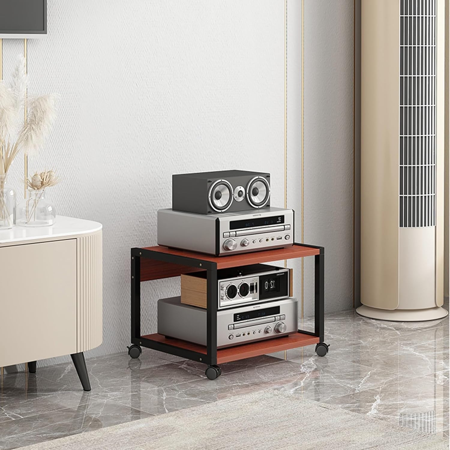 UYCVT Movable Media Stand 2/3-Media Stand Amplifier Rack Corner Movable Audio Tower with Storage Wooden Shelves and Steel Frame