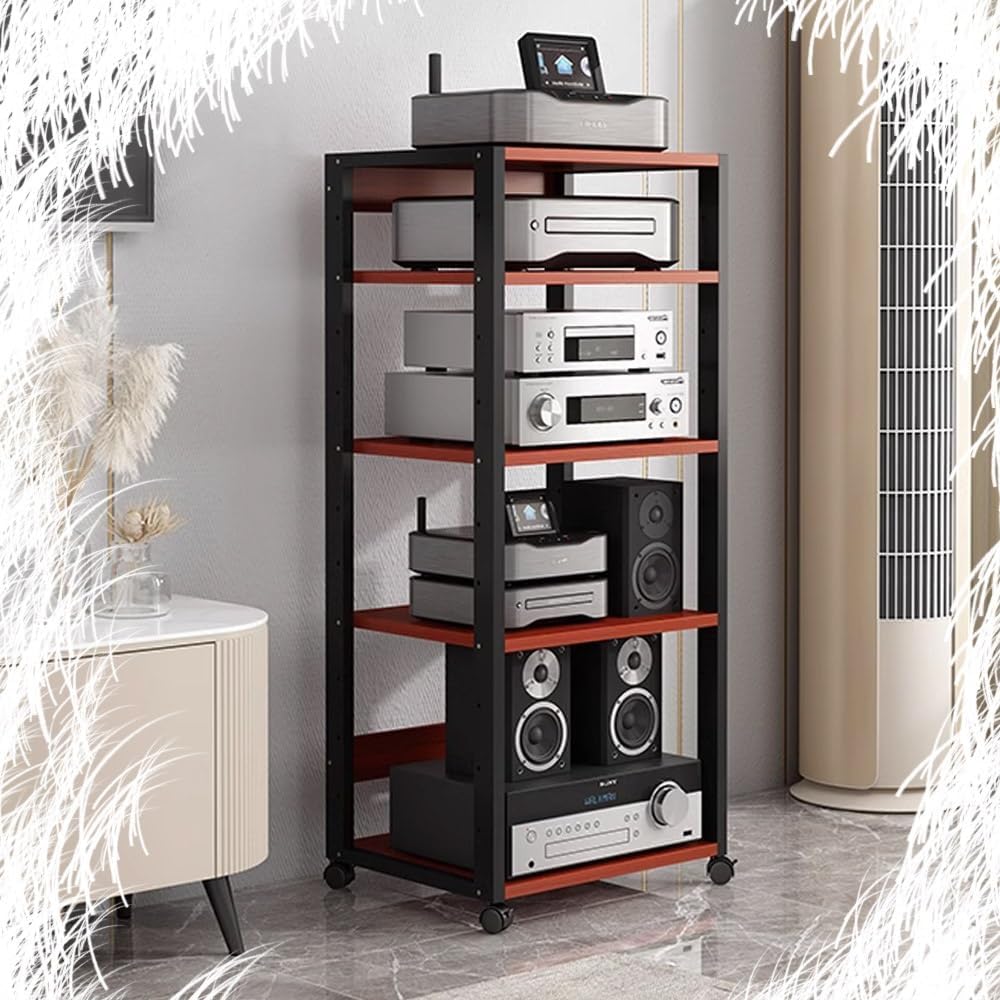 BERWDUXA 5/6/7-Tier Audio Component Rack Movable AV Media Stand TV Shelf Audio Tower Height Adjustable Wood Shelves Stereo Storage Cabinet 5040131cm(Teak