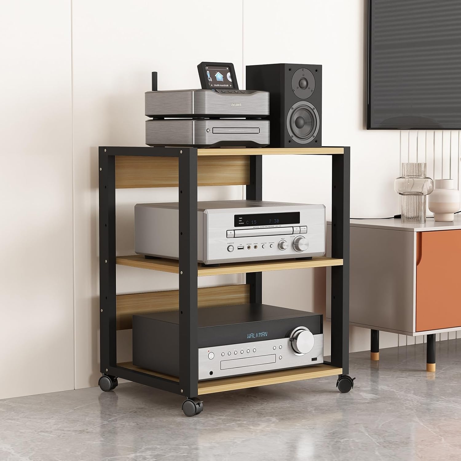 3/4-Tier Movable AV Media Stand Audio Rack Corner TV Stand CD Player Storage Stereo Component Cabinet with Height Adjustable Wooden Shelf for Home/Office/Theater