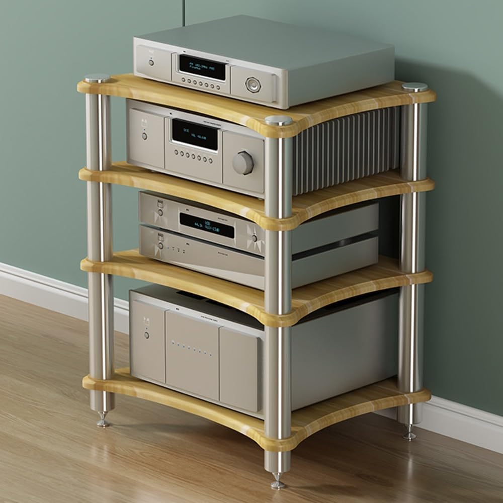 OUKEJNM 1 2 3 4 Tier AV Media Stand Component Cabinet Corner Shelf Wooden Stereo Cabinet Audio Rack Tower CD Player Stand for Home/Office/Audio Video/DJ/Theater (Pomelo Wood