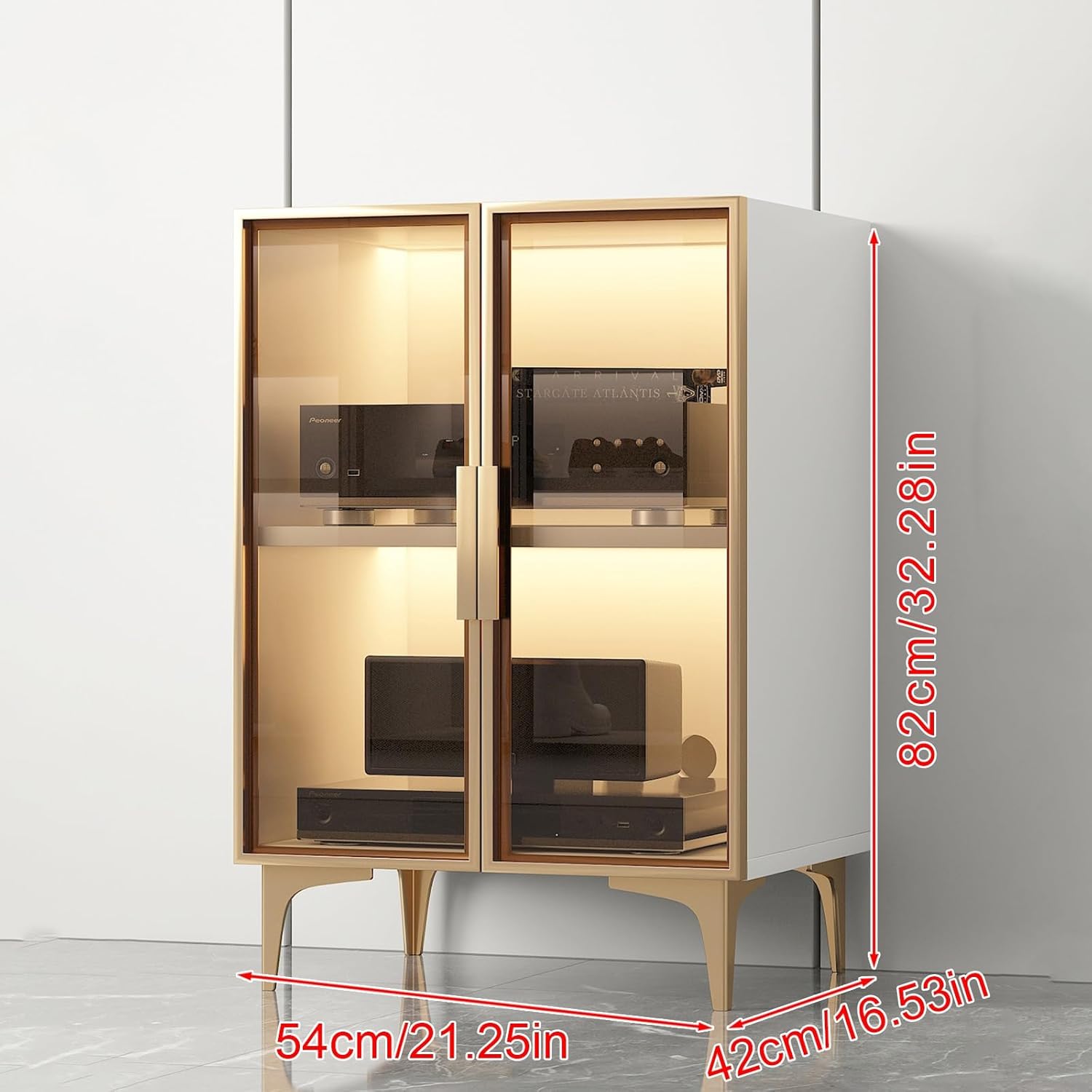 BAYTEWJX AV Cabinet 2/3 Tier Modern Stereo Rack System Cabinet Media Storage Cabinet with Glass Doors Media Console for Gaming Meeting Living Recording Room (White