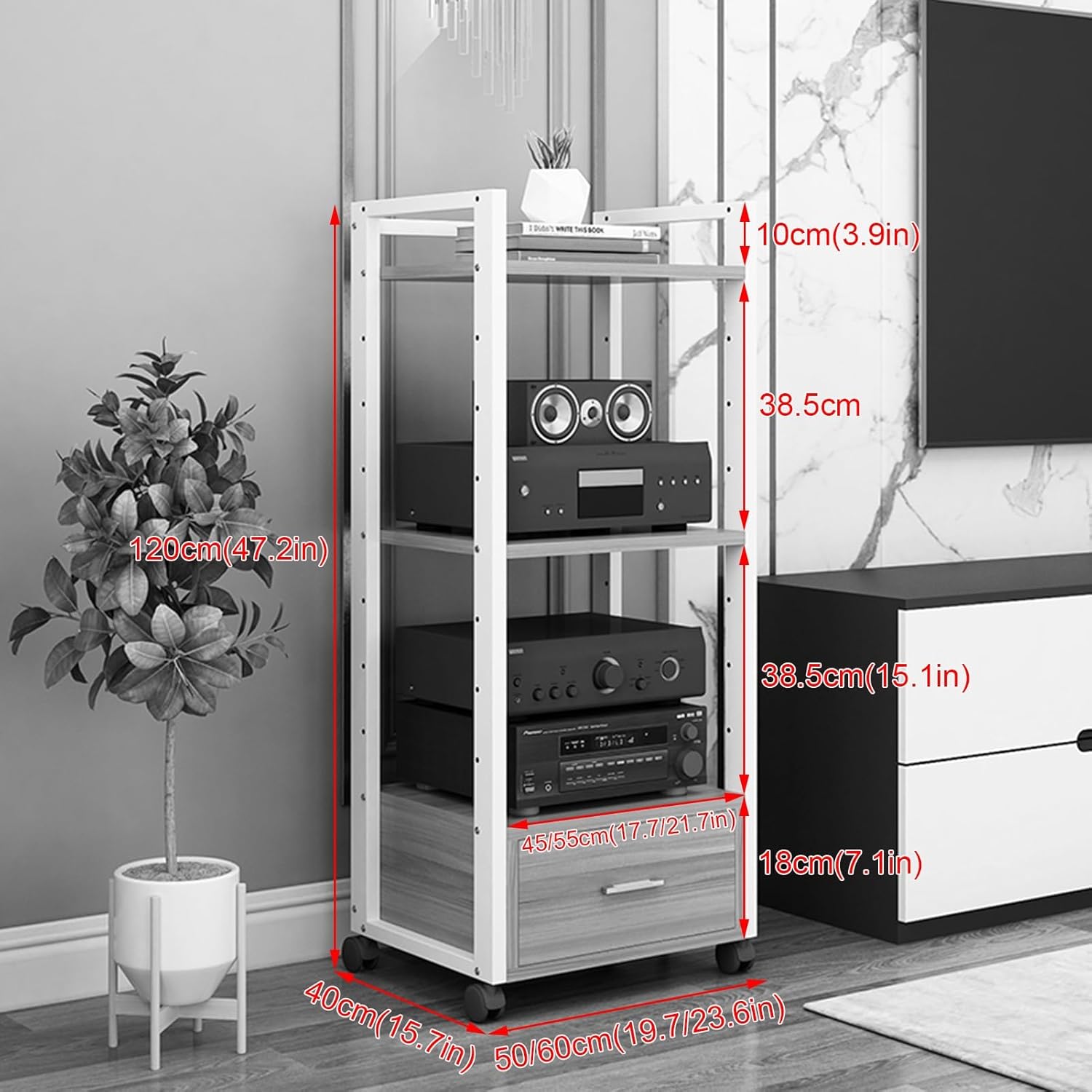 WUHUQN 3/4/5 Tier Audio Rack CD Media Player Stand Audio/Video Component Cabinet Floor-Standing Movable Storage Shelf