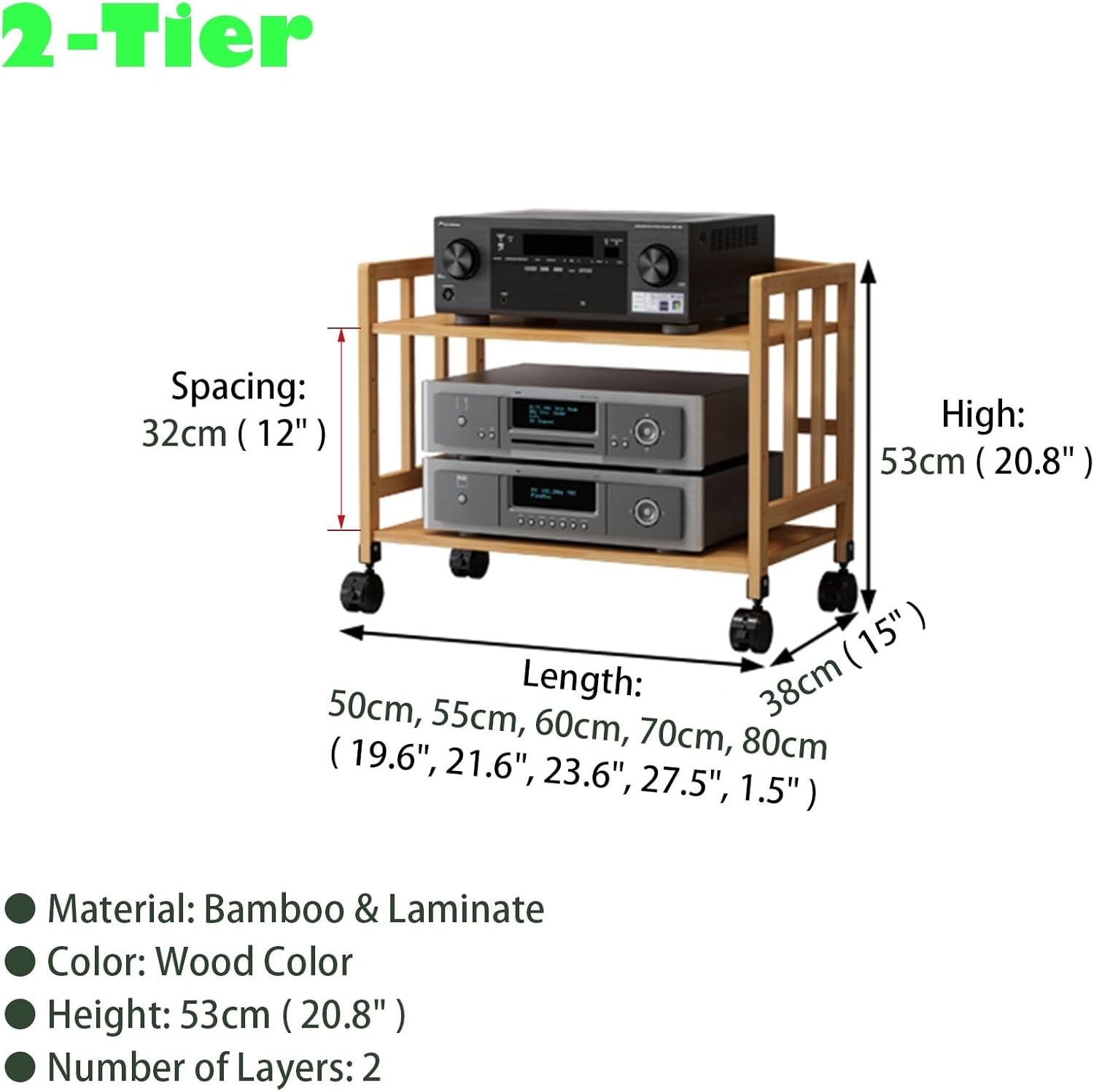 Rolling Stereo Rack Media Stand Audio Cabinet with Lockable Wheels & Height-Adjustable Shelf