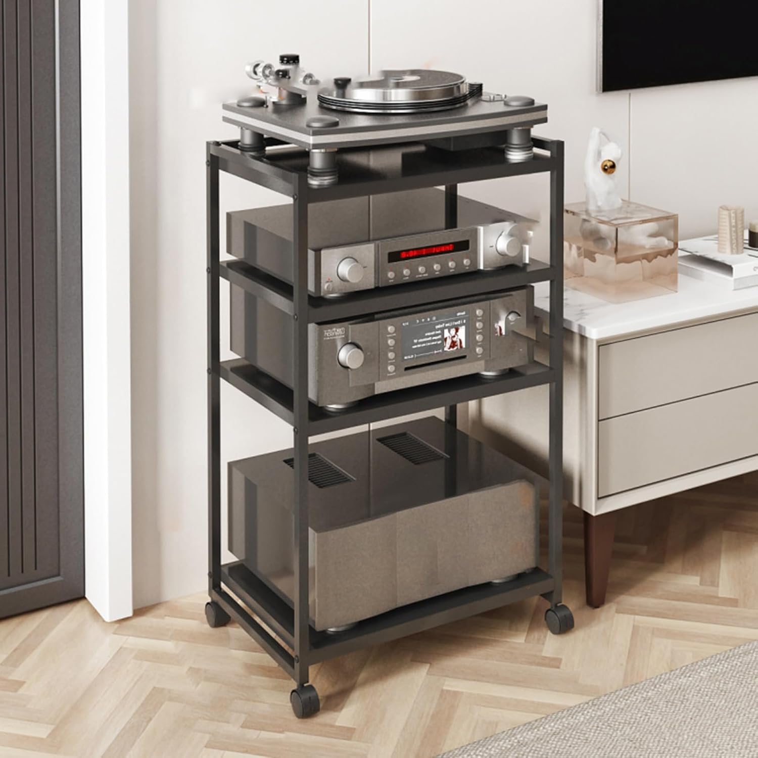 Modern Floor-Standing Audio Rack - Heavy Duty Record Player Console Cabinet for Stereo Components