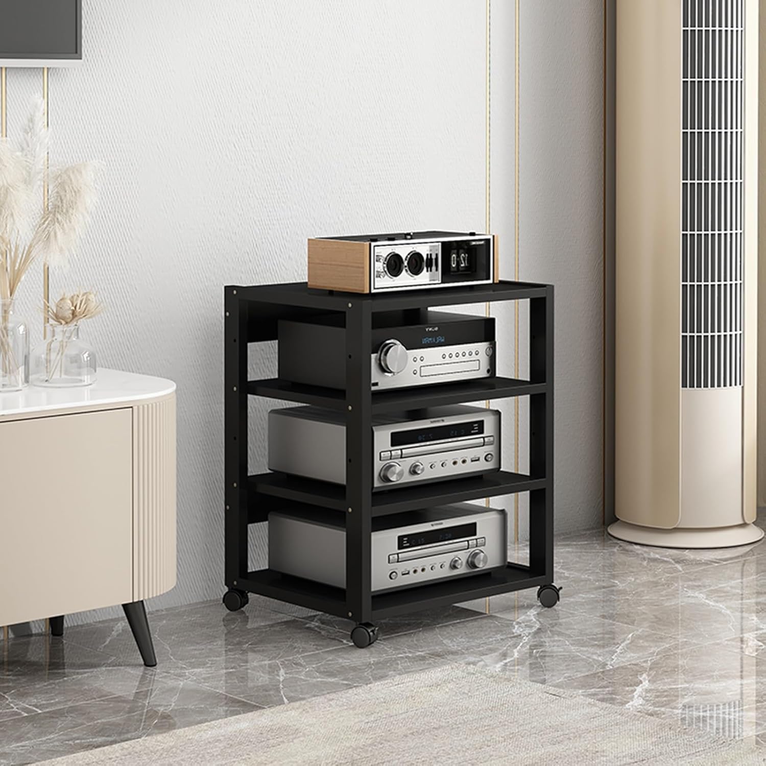 4/5/6/7-Tier AV Media Stand Corner Shelf CD Player Stand Stereo Component Storage Cabinet Movable Audio Rack Tower with Height Adjustable Wooden Shelf for Home/Office/Theater (Color : A