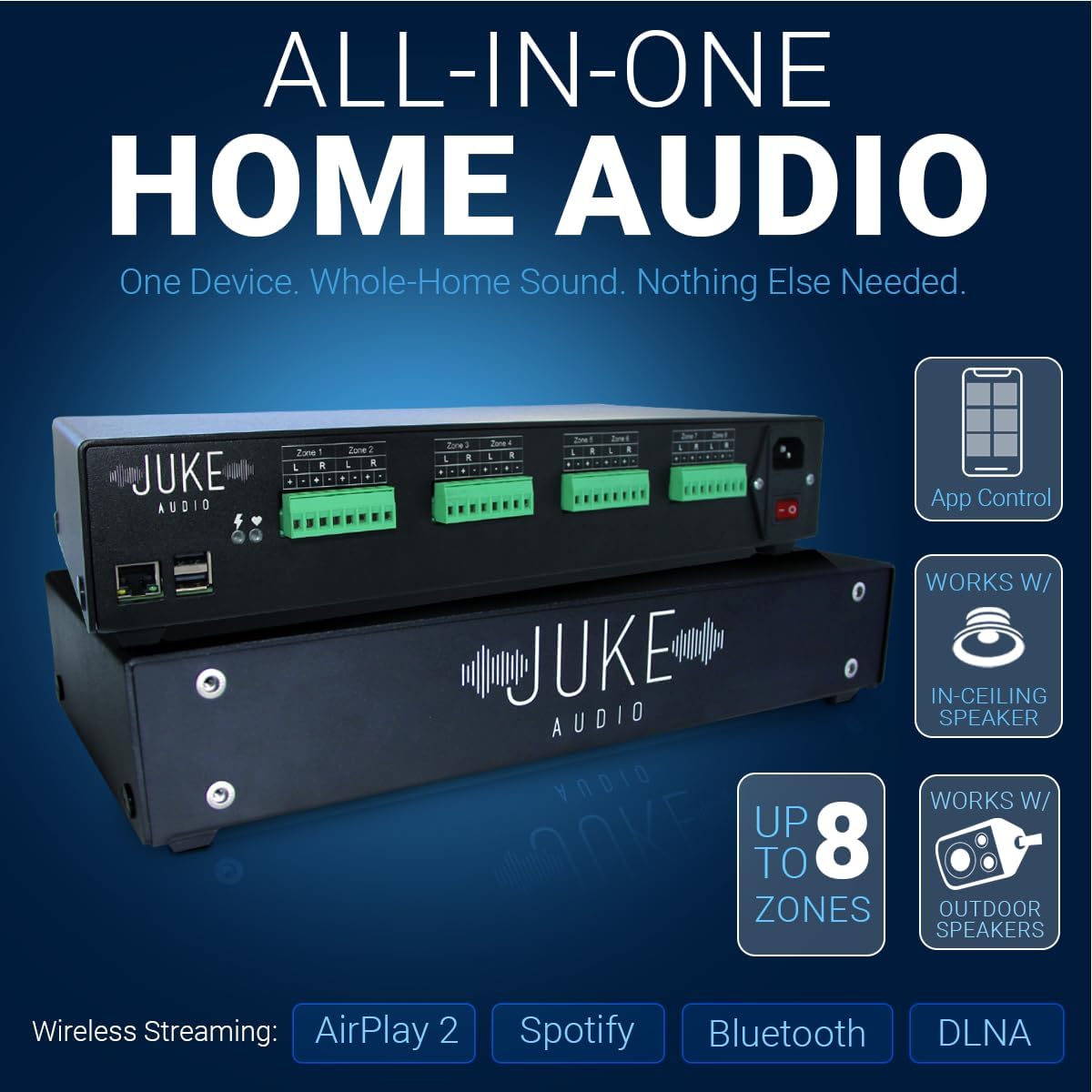 Juke-8: 8 Zone Multi-Room Amplifier | Built-in Music Streaming & Wireless App Control | Supports 8 Audio Sources Simultaneously | Whole Home Audio System | Airplay 2