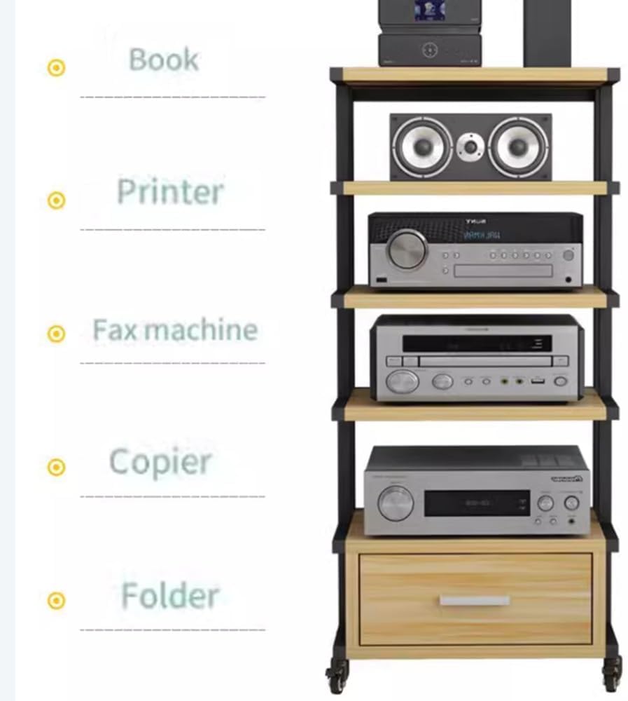 NILZA Audio Rack Media Cabinet 3/4/5-tier Stereo Stand Wooden Stereo Cabinet AV Rack with Drawer Audio/Video/Media Stand Corner Shelf Stereo Components Cabinet(Black+Walnut