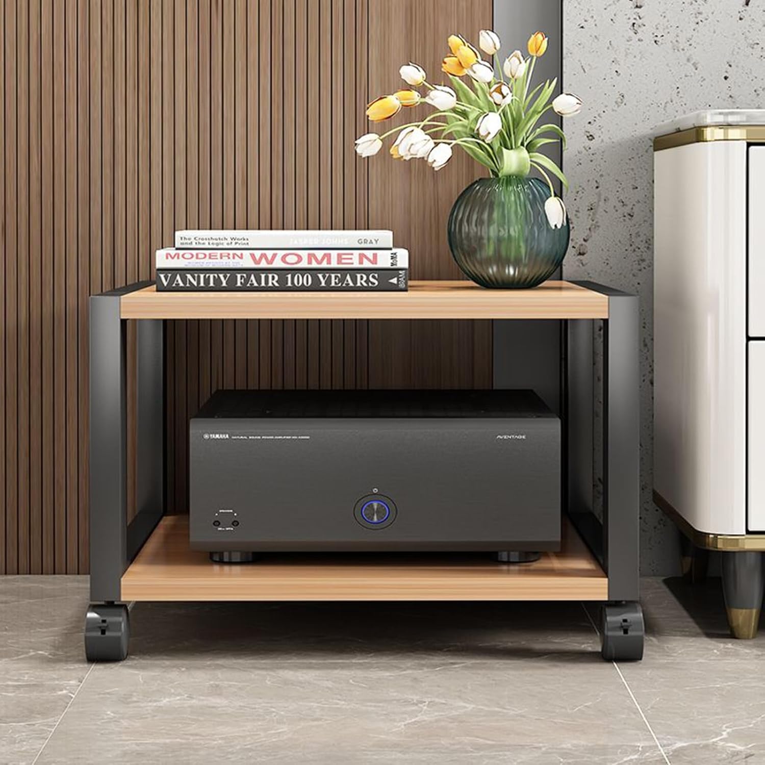 Stereo Stand Record Player Stand with Storage 2-Tier AV Media Stand Corner Shelf Movable Audio Rack Tower Player Stand Storage for Entertainment Stereo Component for Living Gaming Recording Room(Light