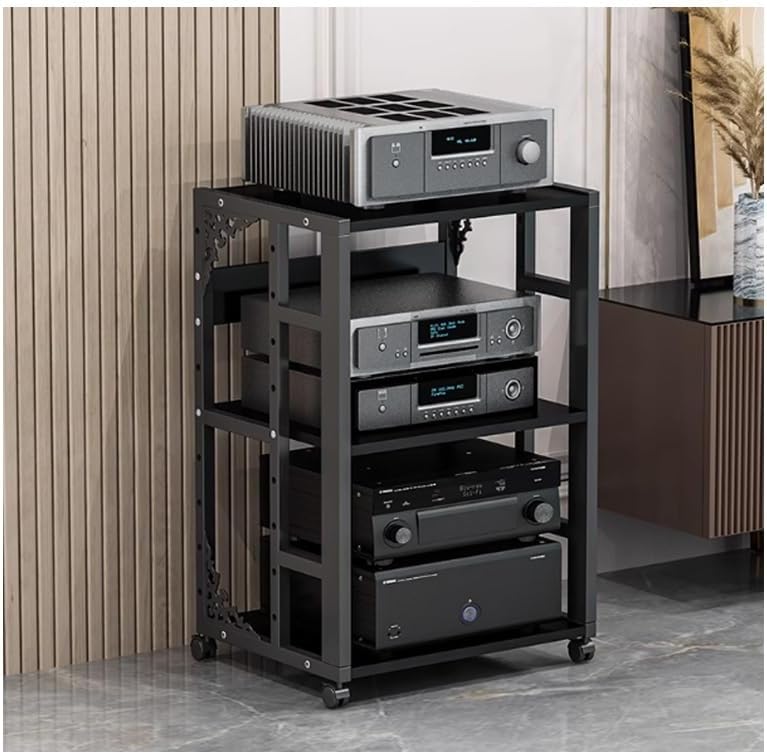 Modern Audio-Video Media Stand with Wheel Home Stereo System Entertainment Components Cabinet Open Storage Rack Floor-Standing Multi-Function Shelf Cabinet for Office Audio Video Theater(Black