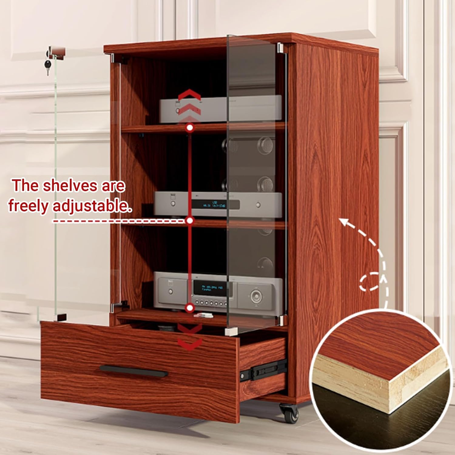 2/3 Tier AV Media Stereo Cabinet Movable Solid wood Audio Video Rack Stand with Glass Door DVD Component Shelf Adjustable shelves with storage drawers