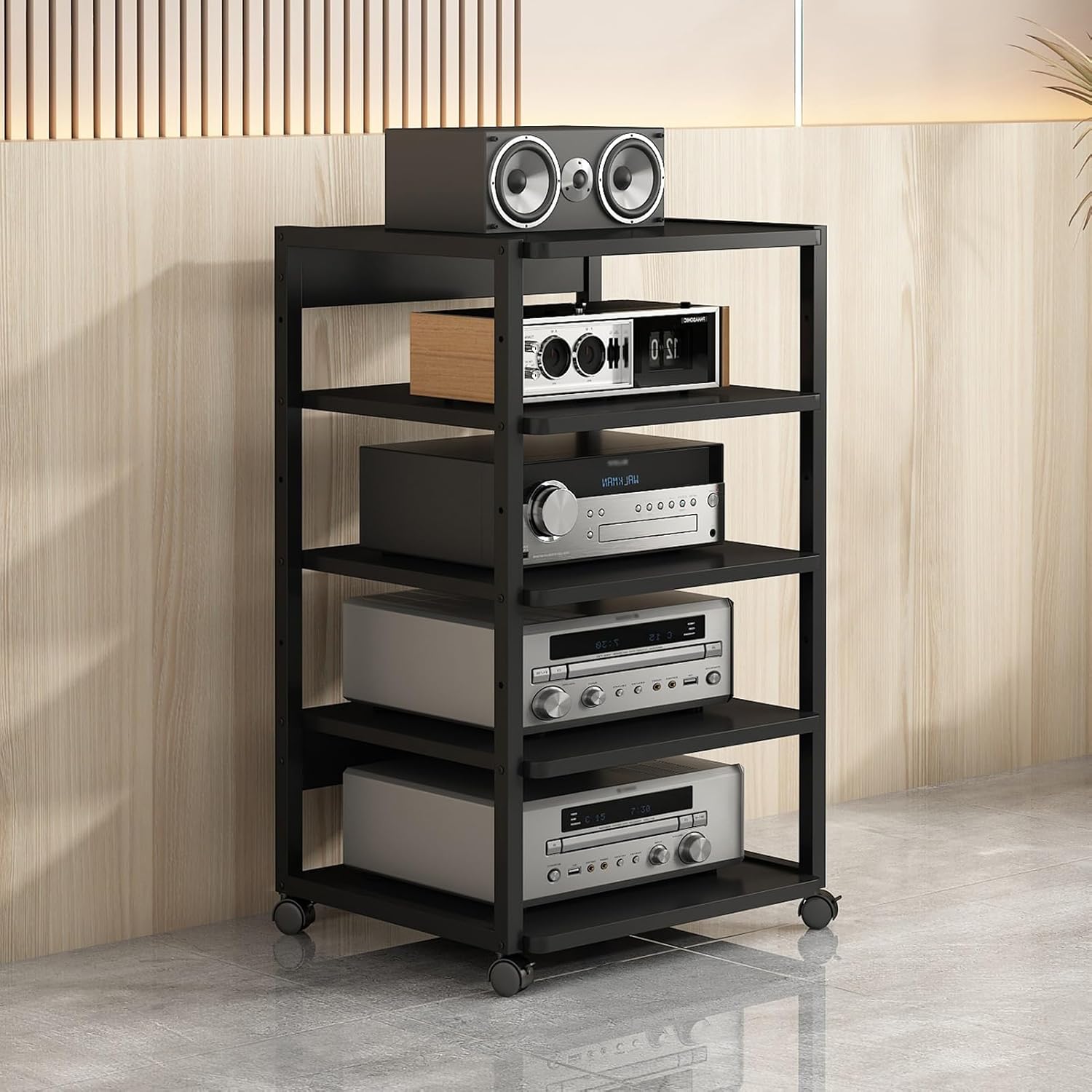 KOMFGT Modern 5-Tier Av Media Console Corner Entertainment Center with Wooden Storage Shelves Stereo Stand Cabinet Cd Rack for Audio Video Components - 50X40X90Cm